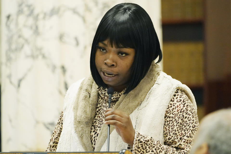 Brandy Nichols, a Springboard to Opportunities mother, speaks to members of the Mississippi House and Senate Democratic Caucuses, about the difficulty of obtaining Temporary Assistance for Needy Families (TANF) funds in Mississippi, Tuesday, Oct. 18, 2022, in Jackson, Miss. Funds from the program designed to help low-income families with children achieve economic self-sufficiency, were misspent and lawmakers are seeking to gain a better understanding of the welfare scandal. (AP Photo/Rogelio V. Solis)