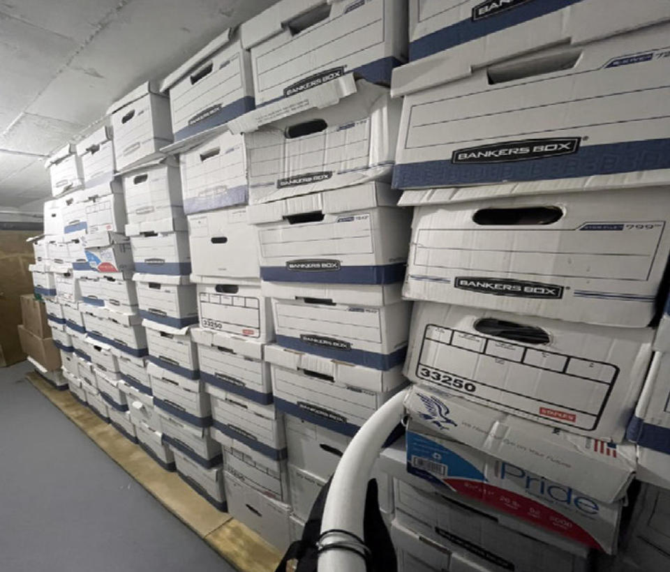 This image, contained in the indictment against former President Donald Trump, shows boxes of records in a storage room at Trump's Mar-a-Lago estate in Palm Beach, Florida, that were photographed on Nov. 12, 2021. / Credit: Justice Department via AP