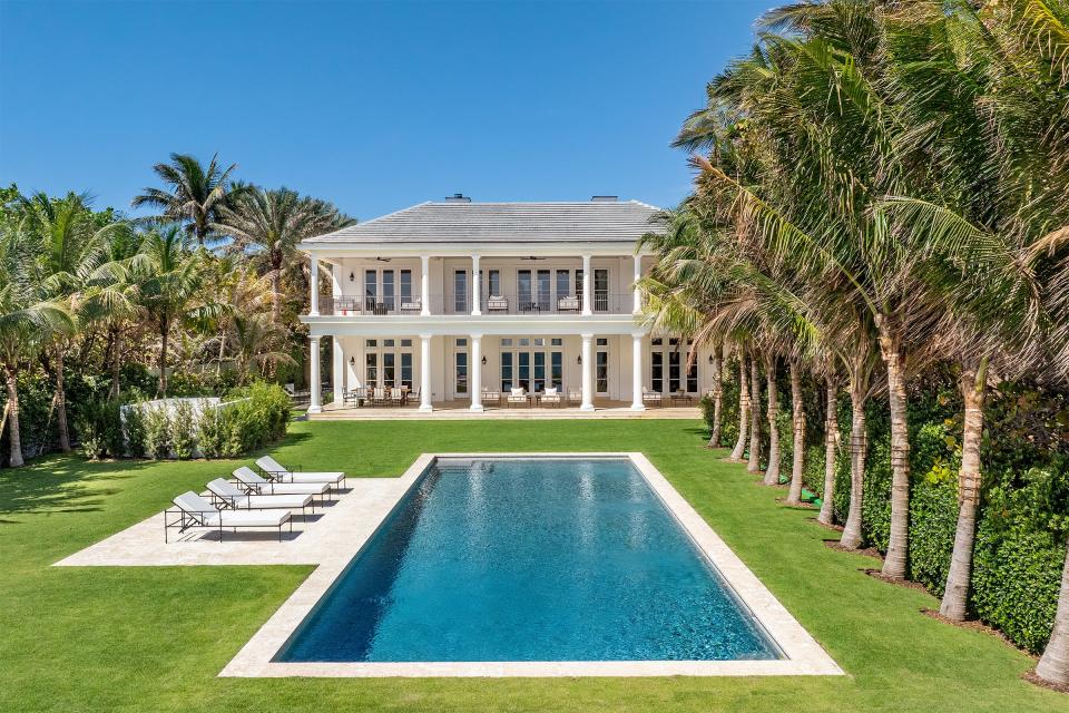 On the east side of the house at 2315 S. Ocean Blvd. in Palm Beach is a swimming pool set into a beachfront lawn. Recently renovated, the South End property just entered the multiple listing service at $78.5 million.