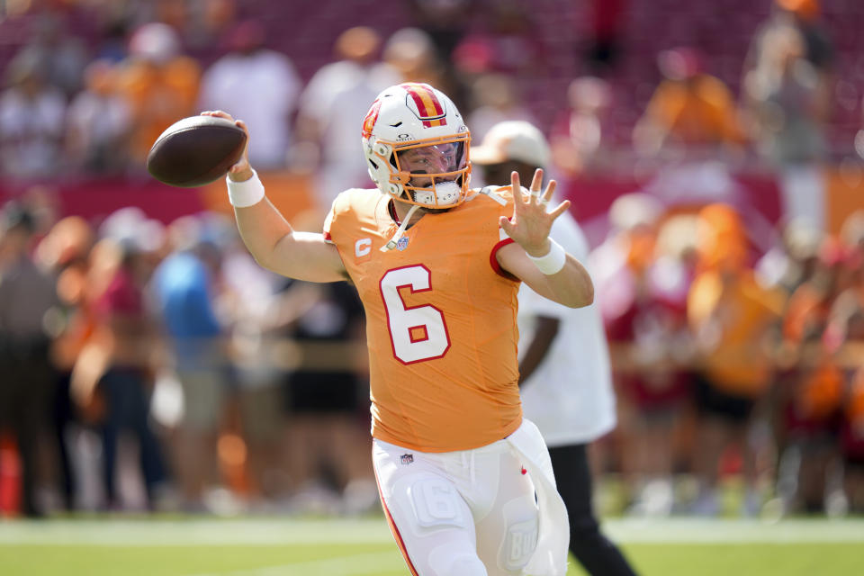 Tampa Bay Buccaneers quarterback Baker Mayfield throws during warmups before an NFL football game against the Detroit Lions Sunday, Oct. 15, 2023, in Tampa, Fla. (AP Photo/Chris O'Meara)