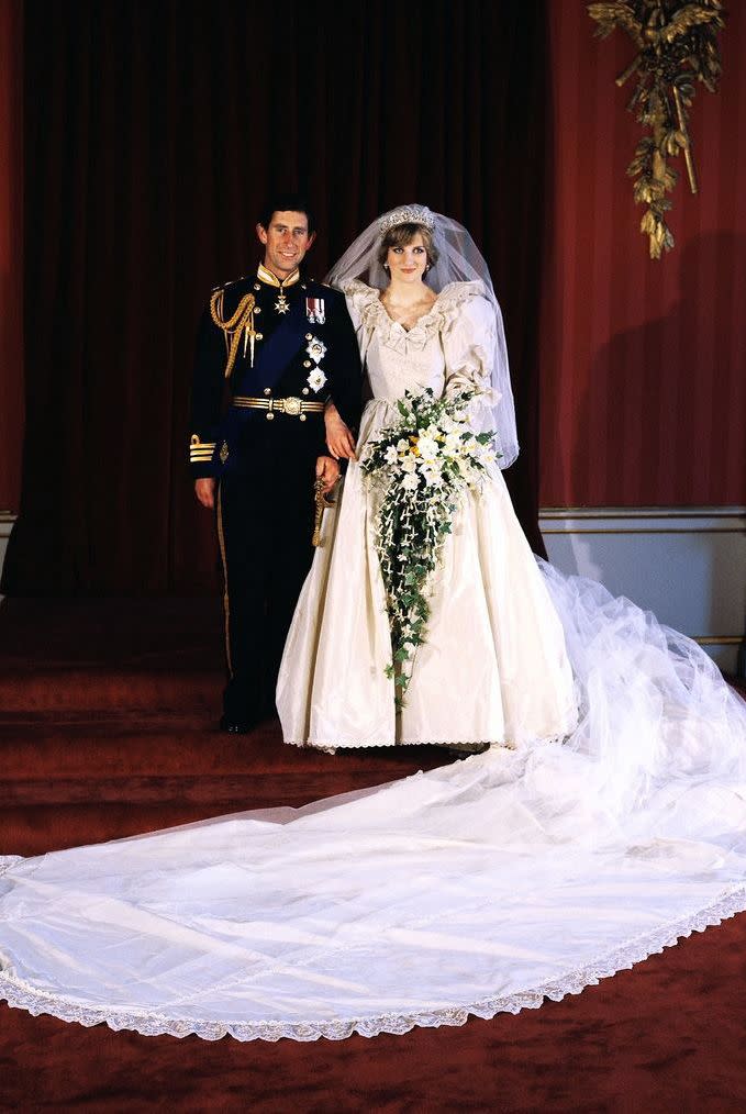 <p> Nearly 750 million people tuned in to watch Princess Diana&#x2019;s wedding to Prince Charles&#x2014;and see her now-iconic dress. Designed by David and Elizabeth Emanuel, the silk taffeta gown used hand-made Carrickmacross lace which once belonged to Queen Mary. The elegant confection also featured a 25-foot train, sequins, and the embroidery of 10,000 pearls. </p>