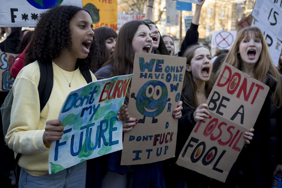 Inspired by Swedish teenager Greta Thunberg and organised by Youth Strike 4 Climate, British eco-aware school and college-age pupils protest about Climate Change outside Downing Street in Whitehall during their walkout from classes, on 15th February 2019, in Westminster, London England. (Photo by Richard Baker / In Pictures via Getty Images Images)