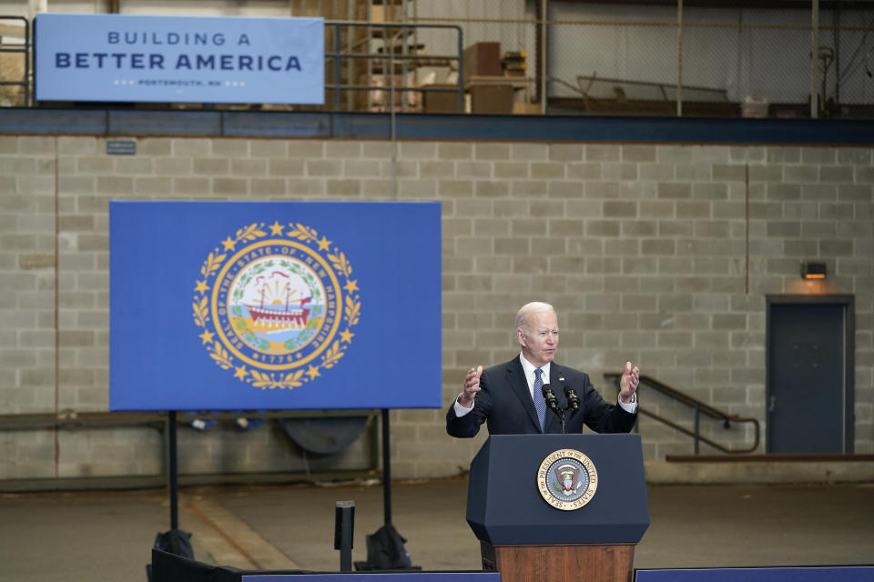 President Joe Biden speaks about his infrastructure agenda at the New Hampshire Port Authority in Portsmouth, N.H., Tuesday, April 19, 2022. (AP Photo/Patrick Semansky)