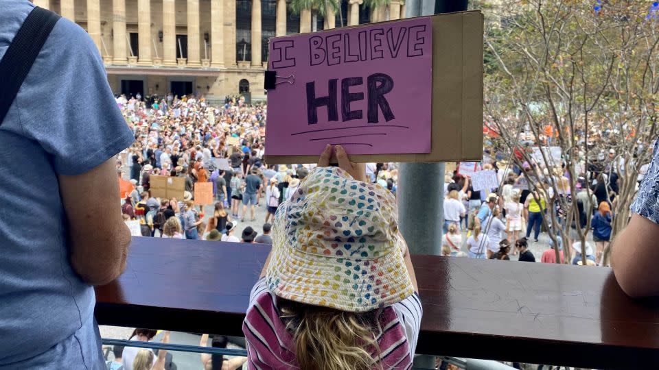 Around 4,000 people marched through the streets of Brisbane on April 28 to call for action on gendered violence. - Hilary Whiteman/CNN