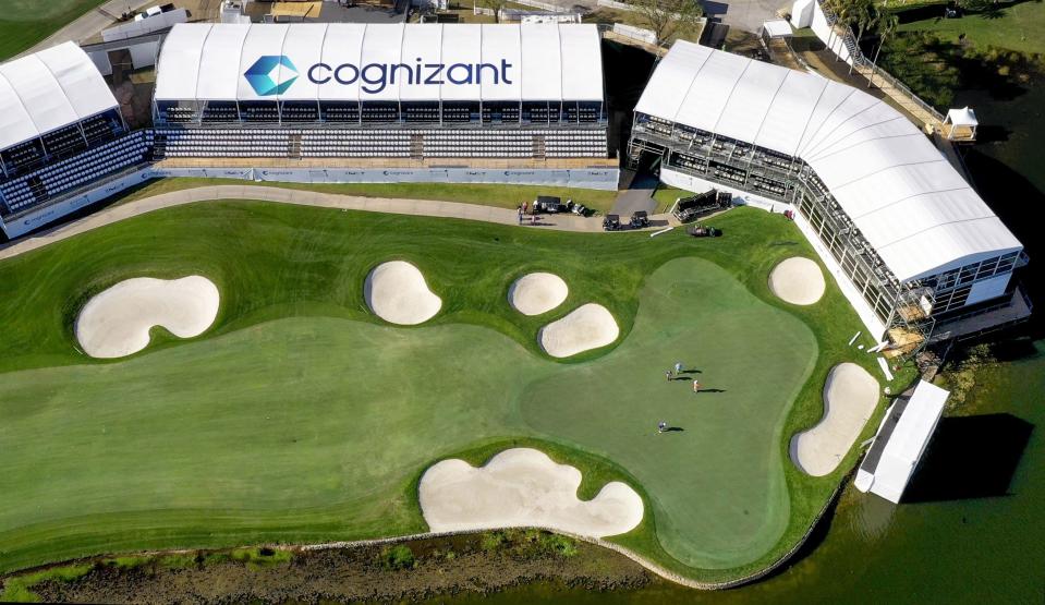 The 18th hole at The Cognizant Classic in the Palm Beaches at PGA National on February 21, 2024 in Palm Beach Gardens, Florida.