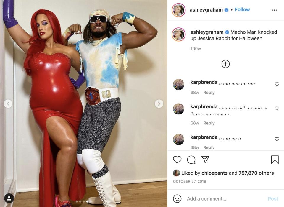 Ashley Graham dresses as Jessica Rabbit for Halloween in 2019.