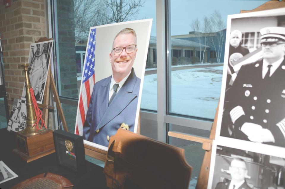 Photos and keepsakes lined the halls of Central Christian Church in Beloit, Wisconsin, on Jan. 15, 2022, as friends, family, and colleagues said goodbye to Brad Liggett, the chief of the Freeport Fire Department from 2019 until his death on Jan. 8. Liggett was chief of the City of Beloit Fire Department for 16 years.