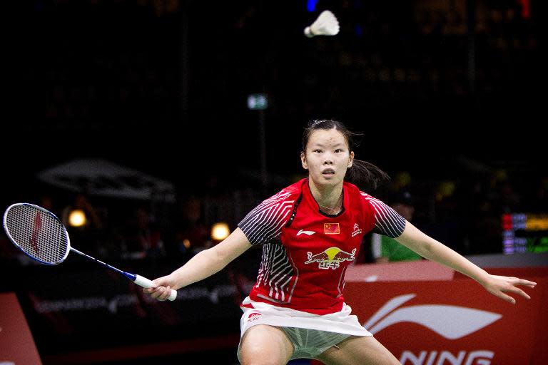 Xuerui Li from China in action against Li Han of China during Womens Single match in Badminton World Championship at Ballerup Super Arena in Copenhagen on August 28, 2014