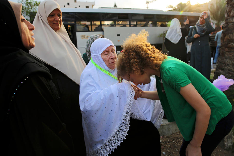 <p>A Palestinian says goodbye to a relative before leaving to the holy city of Mecca, for the annual hajj pilgrimage, in Gaza City, early Tuesday, Aug. 30, 2016. (AP Photo/Adel Hana) </p>