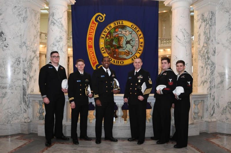 The U.S. Navy said Friday it will christen the USS Idaho Virginia-class fast attack submarine Saturday in Groton, Conn. Earlier, sailors from the crew even toured Idaho's Capitol (pictured, with Executive Officer Lt. Cmdr. Darrell Smith third from left). Photo by Chief Petty Officer Joshua Karsten/U.S. Navy.