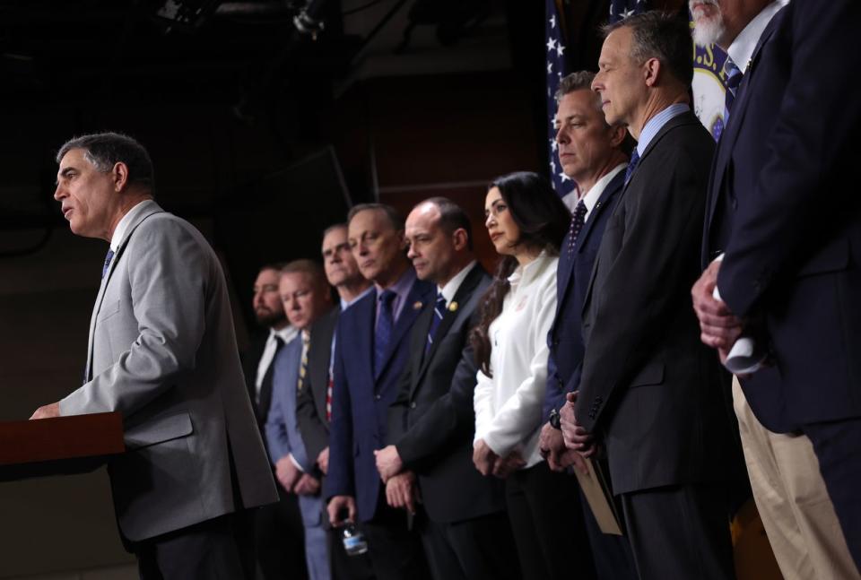 Rep. Andrew Clyde (R-GA) speaks alongside fellow Freedom Caucus members during a press conference on the government funding bill at the U.S. Capitol on March 22, 2024 in Washington, DC. (Kevin Dietsch/Getty Images)