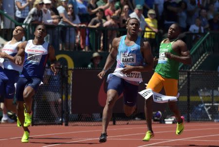 Ronnie Baker wins the 100m in a wind-aided 9.86 during the 43rd Prefontaine Classic at Hayward Field in Eugene, Oregon, U.S., May 27, 2017. Mandatory Credit: Kirby Lee-USA TODAY Sports