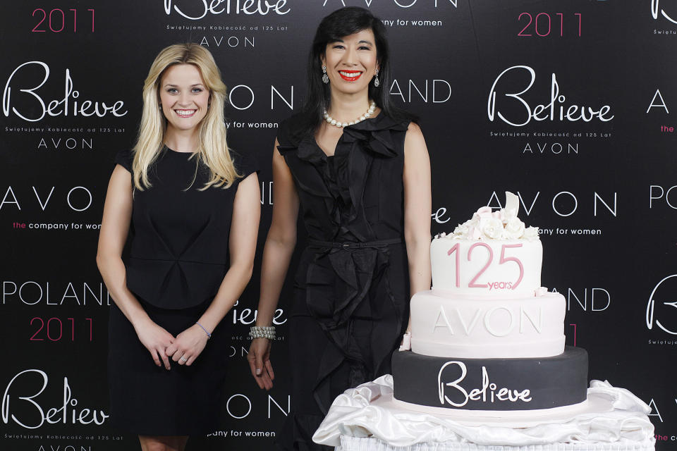 WARSAW, POLAND - JUNE 14: In this handout provided by Avon, Avon Global Ambassador Reese Witherspoon and Avon Chairman & CEO Andrea Jung attend the Avon Believe World Tour on June 14, 2011 in Warsaw, Poland.  (Photo by Avon via Getty Images)