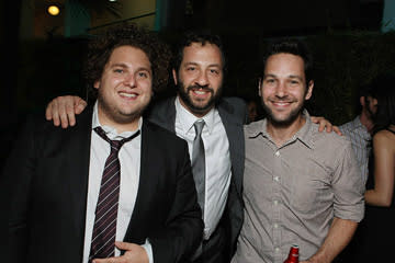 Jonah Hill , producer Judd Apatow and Paul Rudd at the Los Angeles premiere of Columbia Pictures' Superbad