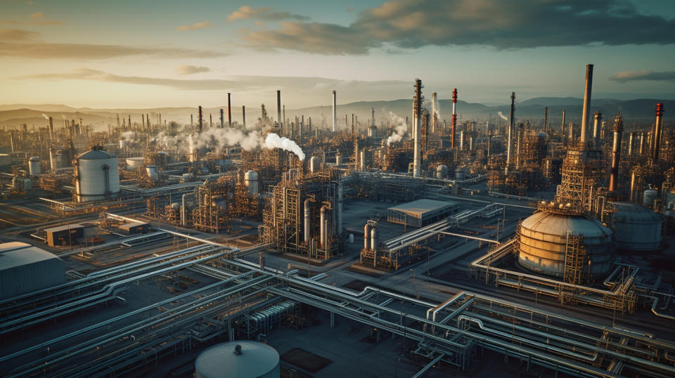 Aerial view of an oil & gas refinery, showcasing the scale of operations.