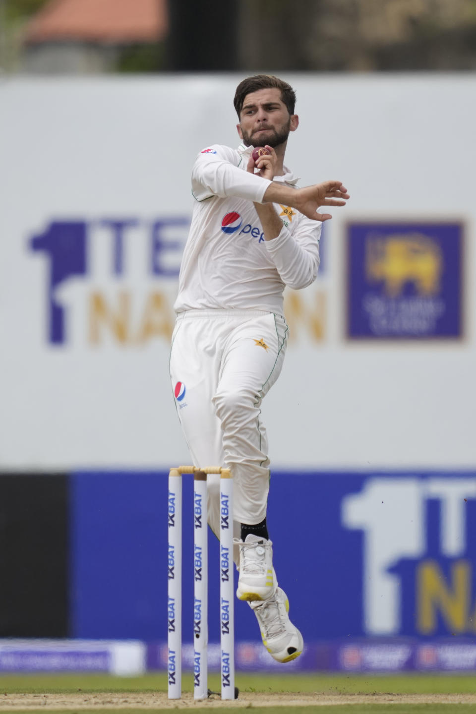Pakistan's Shaheen Shah Afridi delivers ball during the day one of the first test cricket match between Sri Lanka and Pakistan in Galle, Sri Lanka on Sunday, July 16, 2023. (AP Photo/Eranga Jayawardena)
