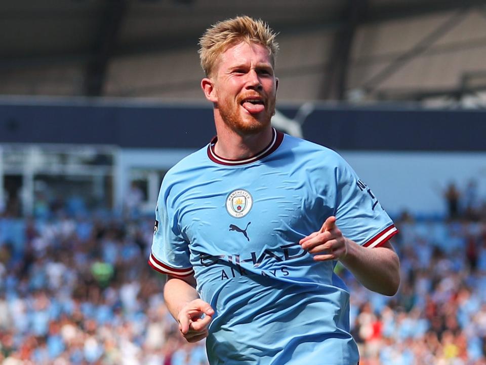 Kevin De Bruyne of Manchester City celebrates after scoring a goal to make it 2-0 during the Premier League match between Manchester City and AFC Bournemouth at Etihad Stadium.