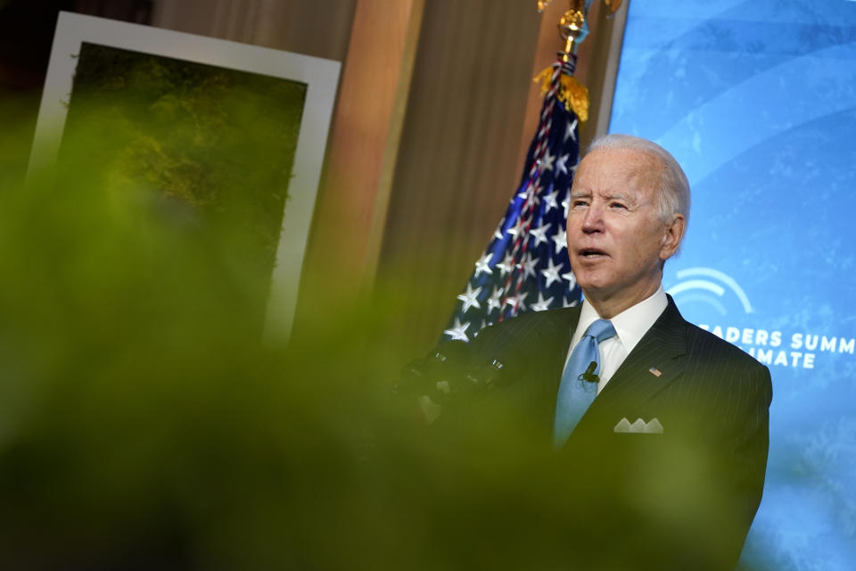 President Joe Biden speaks to the virtual Leaders Summit on Climate, from the East Room of the White House, Friday, April 23, 2021, in Washington. (AP Photo/Evan Vucci)