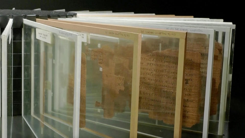 A view of the Crosby-Schoyen Codex, written in Coptic on papyrus around 250-350 A.D. and produced in one of the first Christian monasteries, in New York, U.S., in this screenshot taken on April 3, 2024. / Credit: Reuters TV / REUTERS