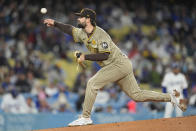 San Diego Padres starting pitcher Matt Waldron throws to a Los Angeles Dodgers batter during the first inning of a baseball game Saturday, April 13, 2024, in Los Angeles. (AP Photo/Marcio Jose Sanchez)