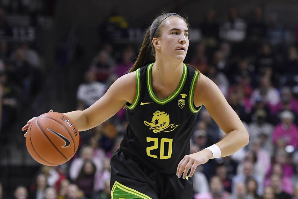 Oregon's Sabrina Ionescu in the second half of an NCAA college basketball game, Monday, Feb. 3, 2020, in Storrs, Conn. (AP Photo/Jessica Hill)