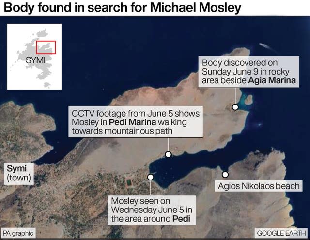 A map of Symi showing the points where Michael Mosley was last seen, and where a body was found during the search for him at Agia Marina