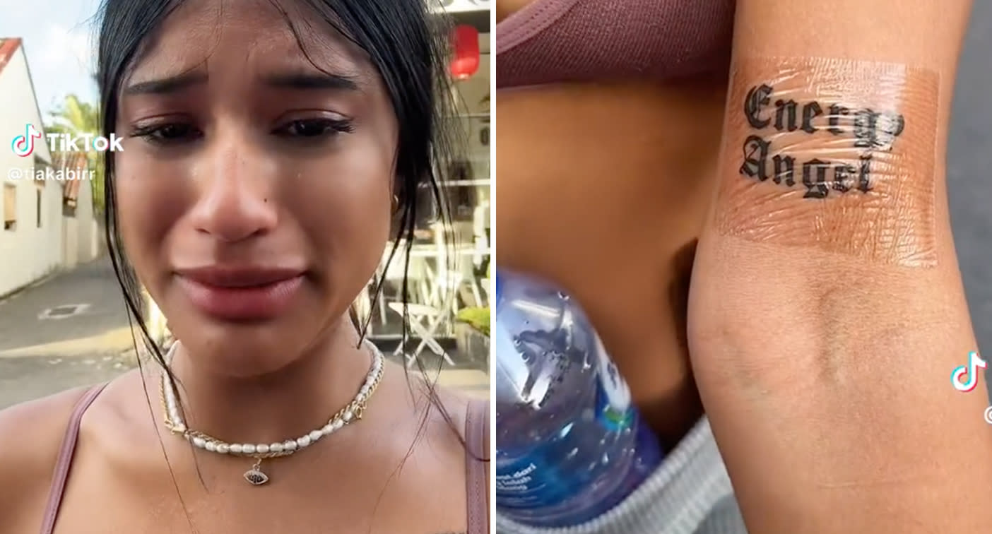 A photo of a tearful young Canberra influencer on holiday in Bali claimed a tattoo artist made a mistake when giving her a tattoo.  A photo of the tattoo that says 'Energy Angel'.