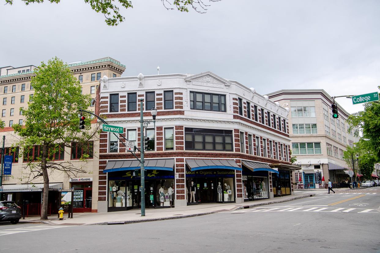 The intersection of College and Haywood streets in downtown Asheville, April 24, 2024.