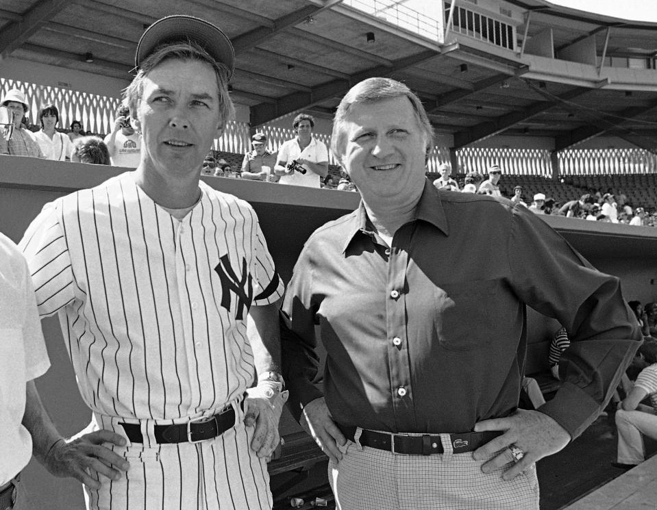 New York Yankees manager Gene Michael, left, and team owner George Steinbrenner during a team workout March 1, 1981, in Fort Lauderdale, Fla.