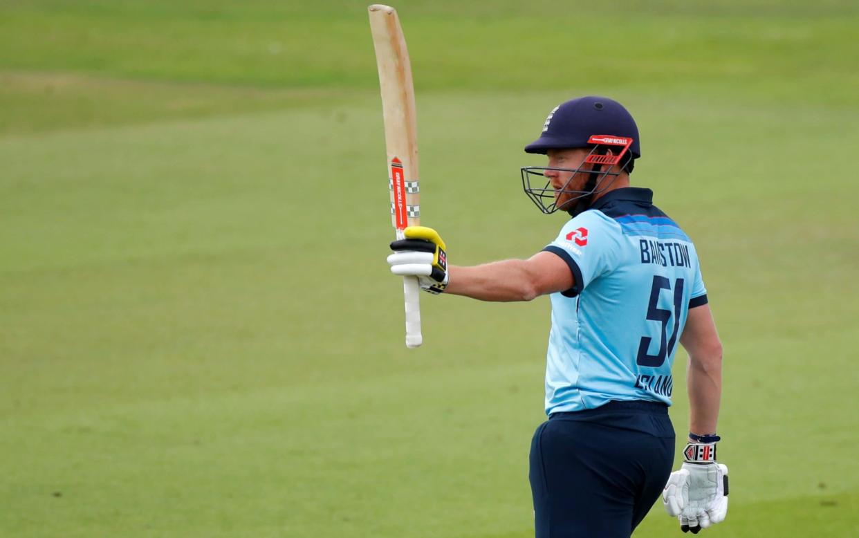 England's Jonny Bairstow celebrates his half century, as play resumes behind closed doors following the outbreak of the coronavirus disease. - REUTERS