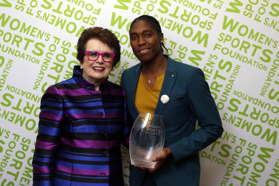In this photo provided by the Women's Sports Foundation, South African track star Caster Semenya, right, poses with tennis legend Billie Jean King at the 39th Annual Salute to Women in Sports Awards in New York, Wednesday, Oct. 17, 2018. Semenya received the Wilma Rudolph Courage Award from the Women’s Sports Foundation. The world and Olympic 800-meter champion is fighting the international track and field governing body’s efforts to limit eligibility of female middle-distance runners who have naturally high testosterone. (Tucker Mitchell/Women's Sports Foundation via AP)