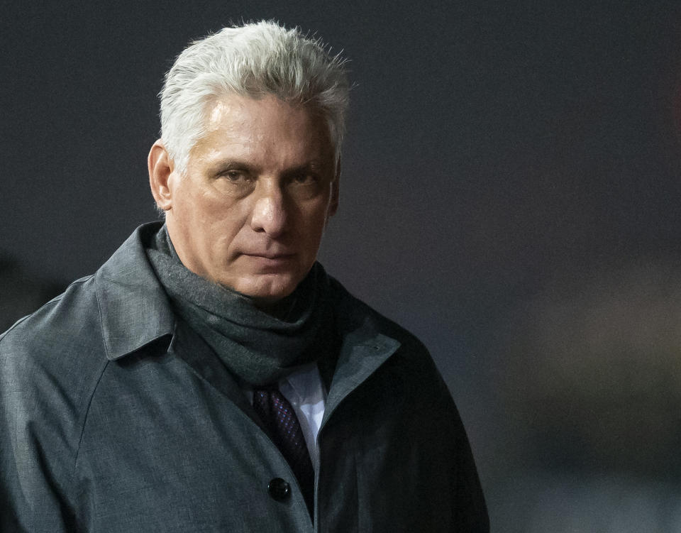 FILE - In this Nov. 1, 2018, file photo, Cuba's President Miguel Diaz-Canel arrives at Moscow's Government Vnukovo airport for an official visit to Russia. Diaz-Canel, arrived in Pyongyang, North Korea, on Sunday, Nov. 4, 2018, agreed with North Korean leader Kim Jong Un to expand and strengthen their strategic relations. (AP Photo/Alexander Zemlianichenko, File)
