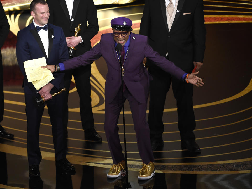 Charlie Wachtel, left, and Spike Lee accept the award for best adapted screenplay for “BlacKkKlansman” at the Oscars on Sunday, Feb. 24, 2019, at the Dolby Theatre in Los Angeles. (Photo by Chris Pizzello/Invision/AP)