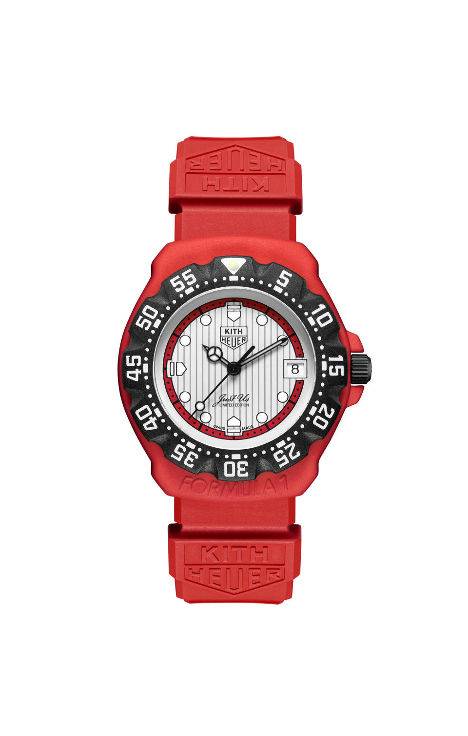 The Tag Heuer Formula 1 Kith in red and black echoes the watch Fieg owned as a teen.