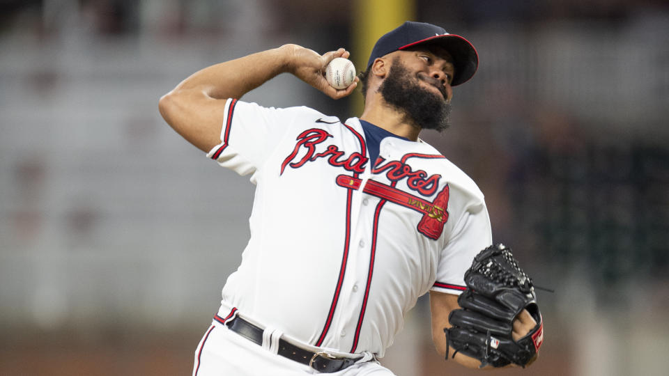 Atlanta Braves relief pitcher Kenley Jansen throws against the Colorado Rockies in the ninth inning of a baseball game against the Colorado Rockies Wednesday, Aug. 31, 2022, in Atlanta. (AP Photo/Hakim Wright Sr.)