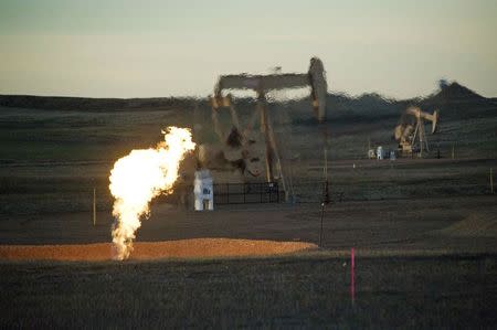 A flare and pump jacks are seen at an oil well on the Fort Berthold Reservation in North Dakota, November 1, 2014. REUTERS/Andrew Cullen