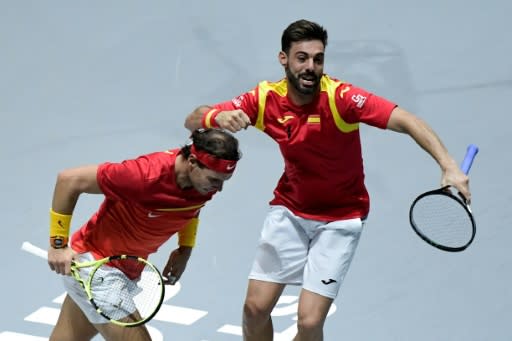 Spain's Rafael Nadal Marcel Granollers celebrate after their decisive doubles win in the Davis Cup quarter-finals over Argentina's Leonardo Mayer and Maximo Gonzalez