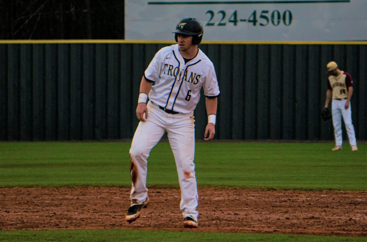 Anderson University baserunner Will Lindsey takes a lead off second base during a game last season at Anderson. Lindsey, a former West Henderson High standout, is now an assistant coach at Anderson and is also the head coach of the Hendersonville Honeycrisps, a summer-league collegiate baseball team.