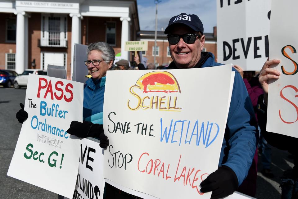 People protest overdevelopment in Sussex County Thursday, March 10, 2022, at The Circle in Georgetown, Delaware.