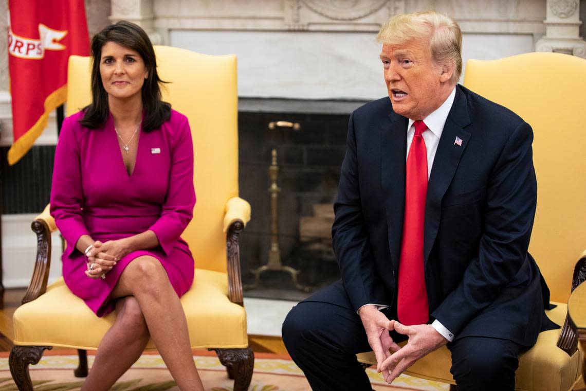 President Donald Trump and Nikki Haley, then his ambassador to the United Nations, at the White House in 2018.  (Samuel Corum/The New York Times)