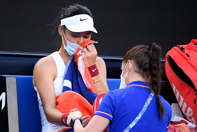 Emma Raducanu receives treatment for a blister on her right hand