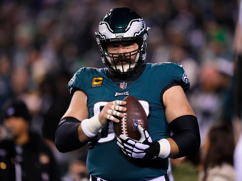 Jason Kelce warms up before a game against the New York Giants.