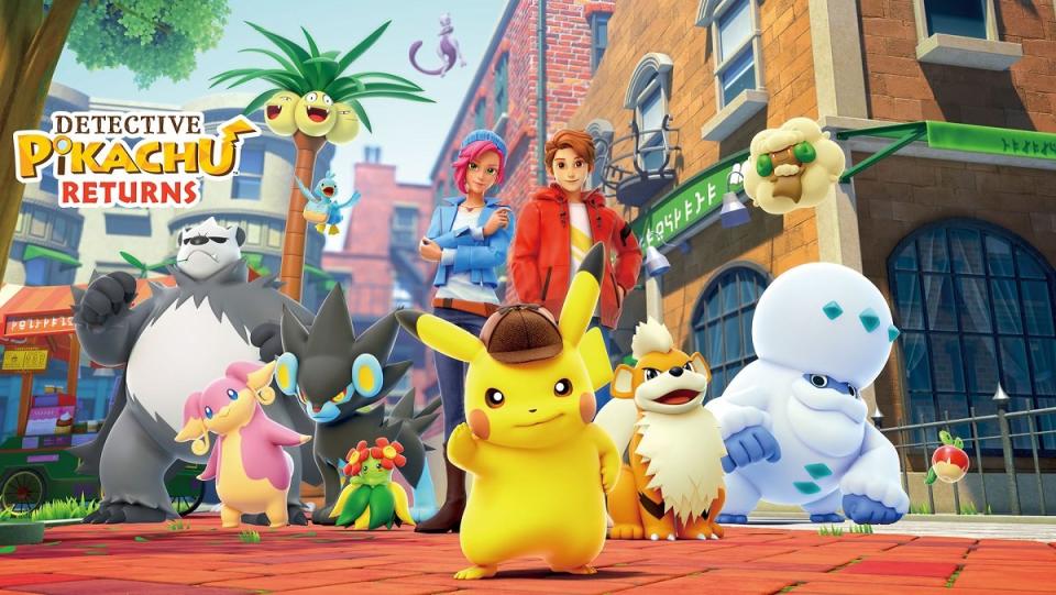 Detective Pikachu Returns key art shows the titular detective, Tim Goodman, and a number of other Pokemon and allies in the streets of Ryme City.