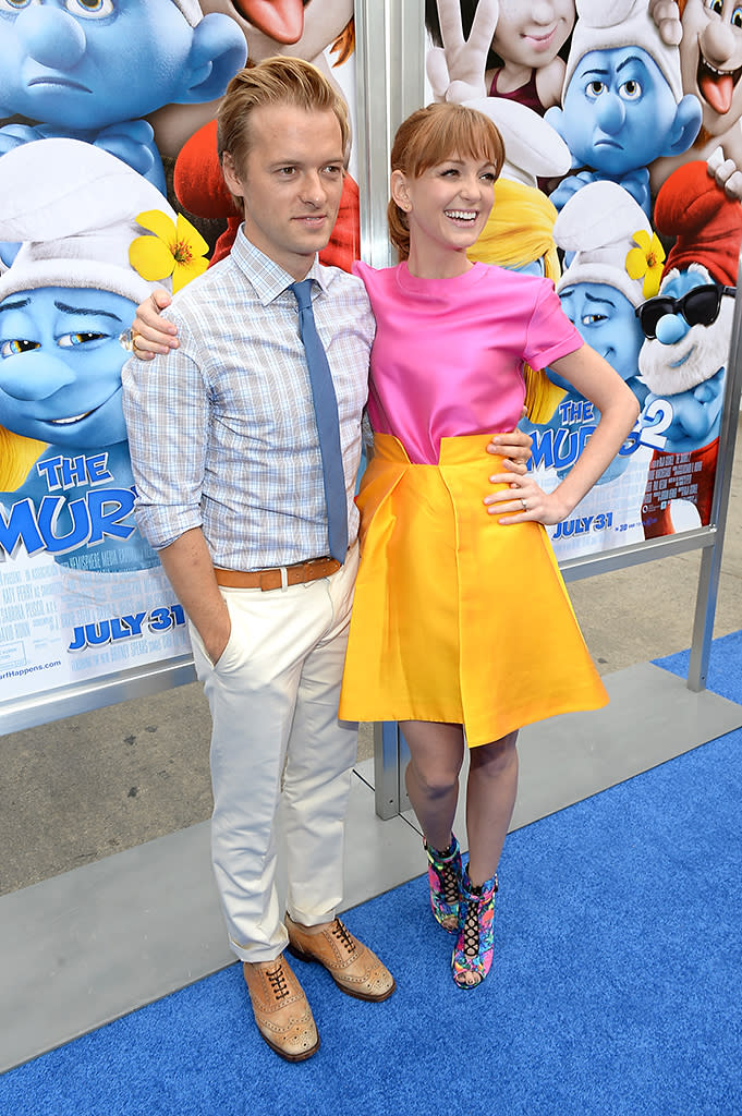 Jayma Mays and Adam Campbell attend the Los Angeles premiere of "The Smurfs 2" at Regency Village Theatre on July 28, 2013 in Los Angeles, California.