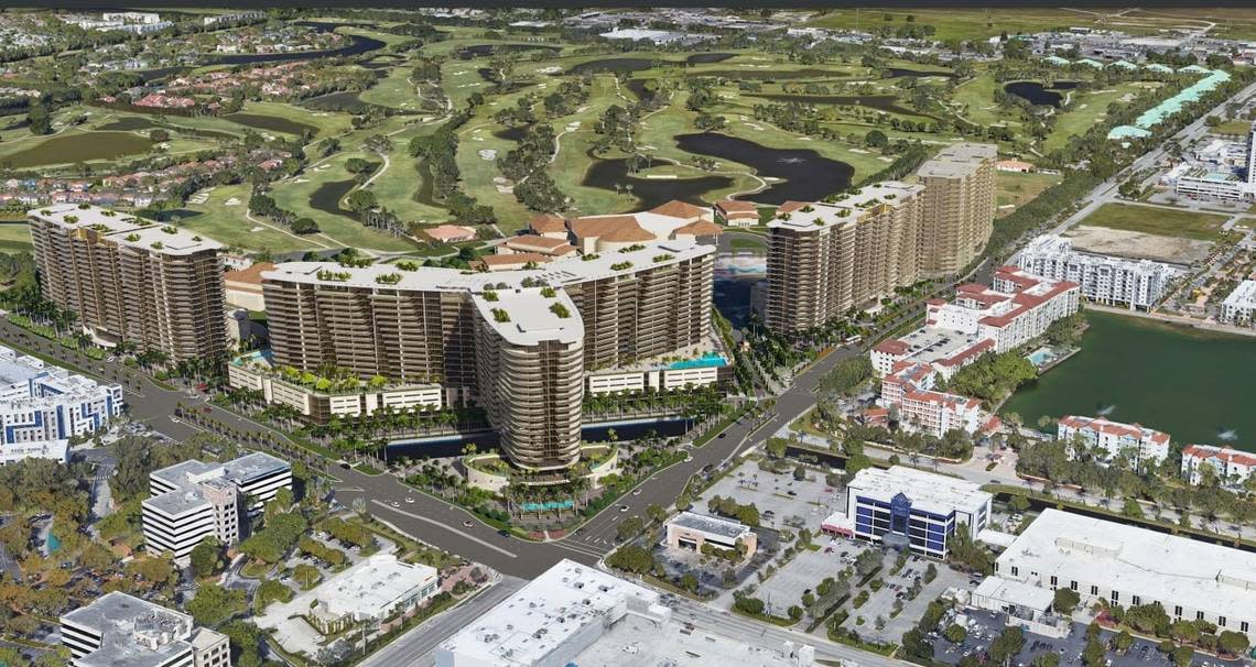 A rendering by PPKS of Doral of the proposed Doral International Towers, a residential and commercial complex on the grounds of former President Donald Trump’s Doral resort.