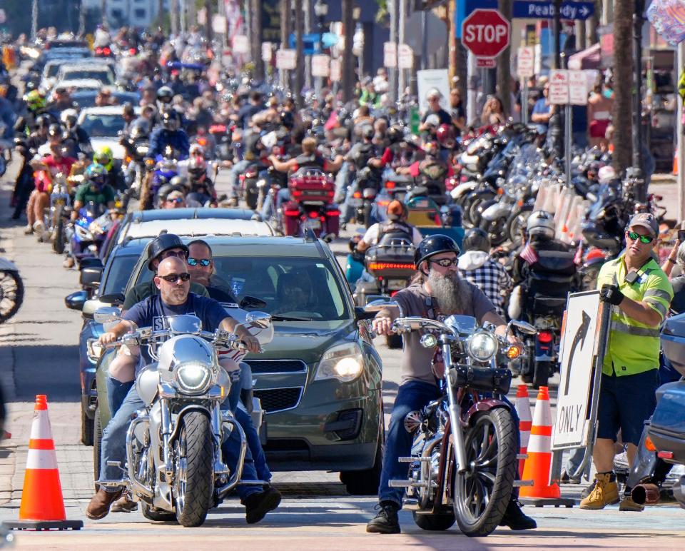 Bikers jam Main Street on Friday as Biketoberfest unfolds in Daytona Beach. Under sunny skies, the scene on Main Street offered an array of people-watching opportunities.