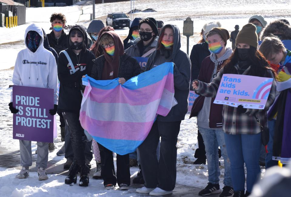 More than three dozen protestors stood at Van Eps Park as part of a "Protect Trans Kids rally" in Sioux Falls on Sunday afternoon, Jan. 16, 2022 in support of transgender rights, and in opposition to three bills filed in the South Dakota Legislature that they say are anti-transgender.