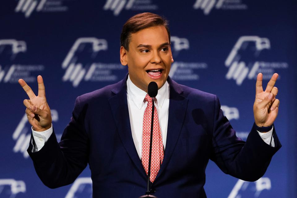 Rep.-elect George Santos speaks at the Republican Jewish Coalition Annual Leadership Meeting in Las Vegas on Nov. 19.