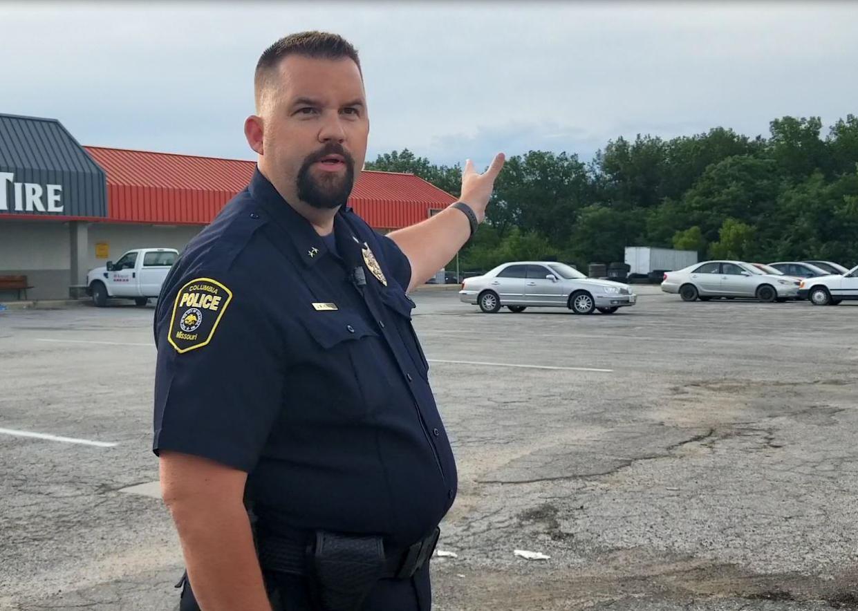 Columbia Assistant Police Chief Jeremiah Hunter points to the location where the body of an infant was found Aug. 15, 2019.