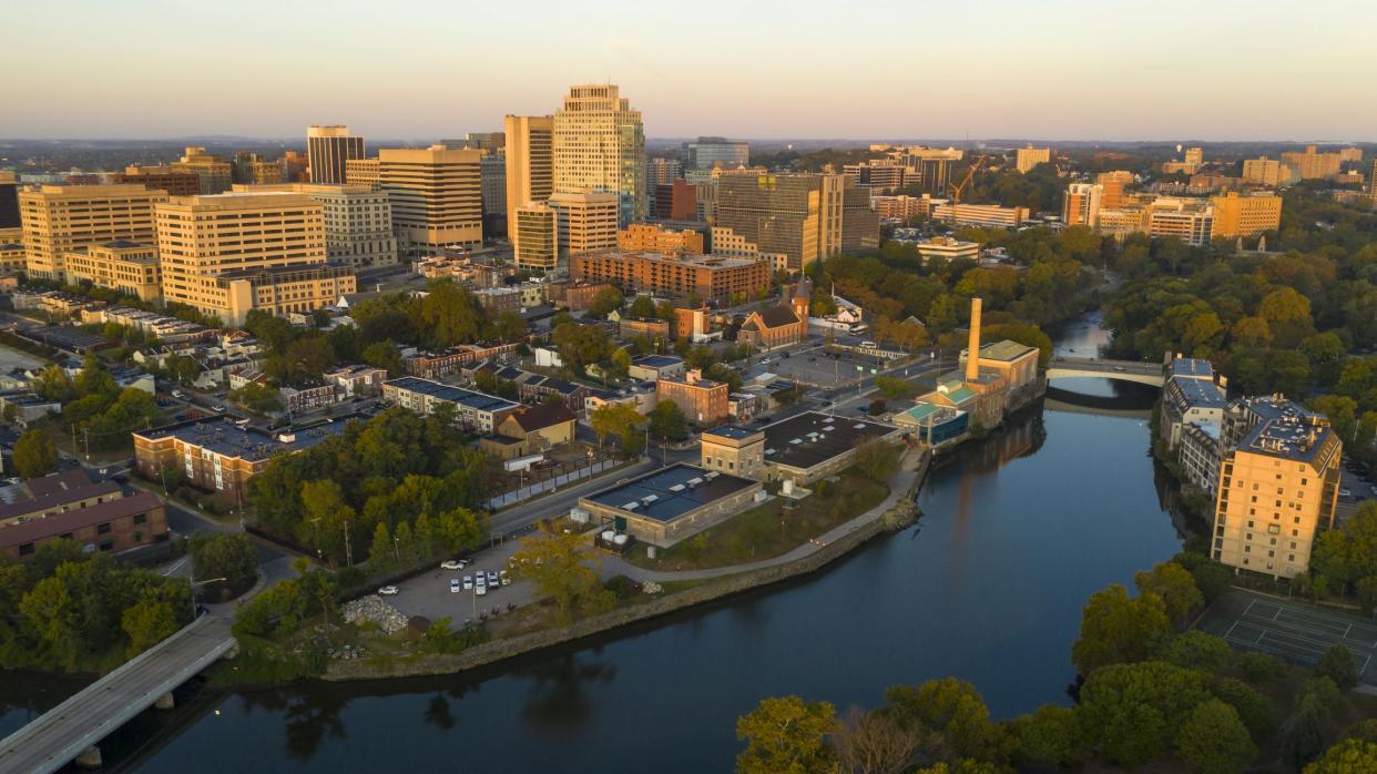 Saturated early morning light hits the buildings and architecture of downtown Wilmington Delaware